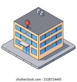 Office building isometric vector illustration, filled outline style. Commercial building symbol. Real estate and construction concept.