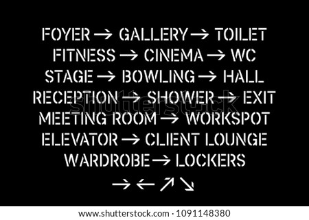 Office building or mall navigation and way finding system with basic rooms like foyer, gallery, toilet, wc, stage, bowling, hall, reception, shower, exit, elevator, client lounge, wardrobe, lockers 