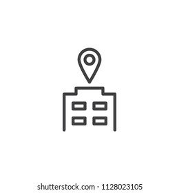 Office building and map pin outline icon. linear style sign for mobile concept and web design. Location simple line vector icon. visitor symbol, logo illustration. Pixel perfect vector graphics
