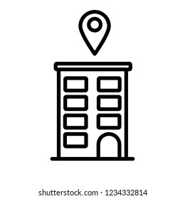 Office building and map pin outline icon. linear style sign for mobile concept and web design. Location simple line vector icon. visitor symbol, logo illustration. Pixel perfect vector graphics