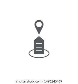 Office building and map pin vector icon symbol isolated on white background