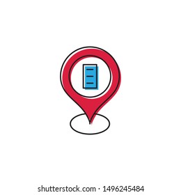 Office building and map pin vector icon symbol isolated on white background