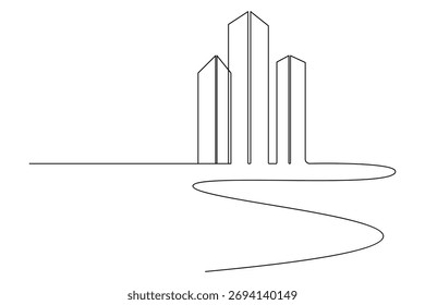 Edificio de oficinas minimalista dibujo continuo de una línea de una Ilustración vectorial de contorno de arte moderno.