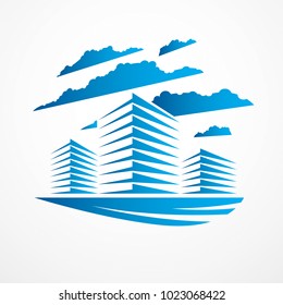 Office building, modern architecture vector illustration. Real estate realty business center design. 3D futuristic facade in big city. Can be used as a logo or icon.