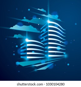 Office building, modern architecture vector illustration with blurred lights and glares effect. Real estate realty business center blue design. 3D futuristic facade in big city.
