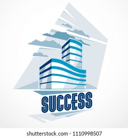 Office building, modern architecture vector illustration. Real estate realty business center design. 3D futuristic facade in big city. Can be used as a logo or icon.