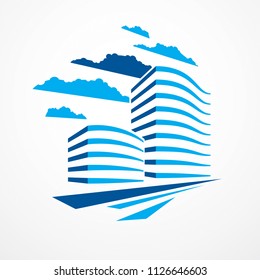 Office building, modern architecture vector illustration. Real estate realty business center design. 3D futuristic facade in big city. Can be used as a logo or icon.