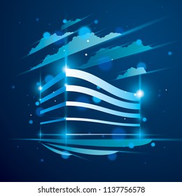 Office building, modern architecture vector illustration with blurred lights and glares effect. Real estate realty business center blue design. 3D futuristic facade in big city.