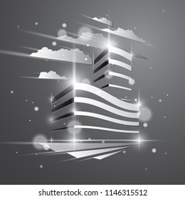 Office building, modern architecture vector illustration with blurred lights and glares effect. Real estate realty business center grey monochrome design. 3D futuristic facade in big city.