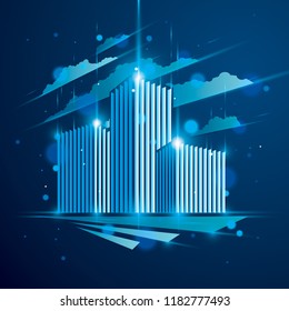 Office building, modern architecture vector illustration with blurred lights and glares effect. Real estate realty business center blue design. 3D futuristic facade in big city.