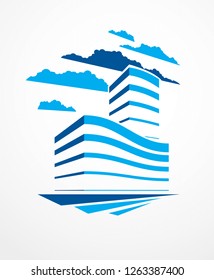 Office building, modern architecture vector illustration. Real estate realty business center design. 3D futuristic facade in big city. Can be used as a logo or icon.