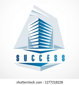 Office building, modern architecture vector illustration. Real estate realty business center design. 3D futuristic facade in big city. Can be used as a logo or icon.