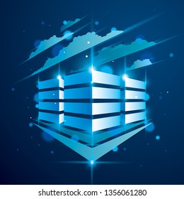 Office building, modern architecture vector illustration with blurred lights and glares effect. Real estate realty business center blue design. 3D futuristic facade in big city.