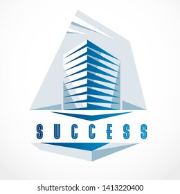 Office building, modern architecture vector illustration. Real estate realty business center design. 3D futuristic facade in big city. Can be used as a logo or icon.