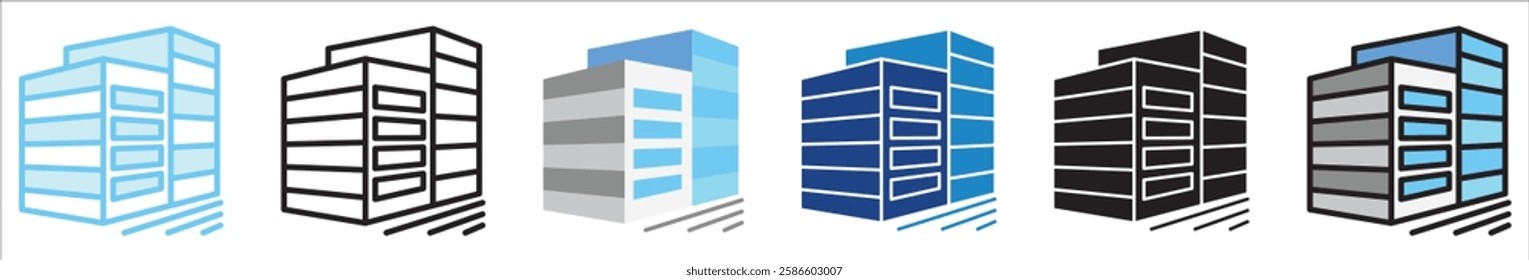 Office Building multi style, mini illustration icon. outline, flat, glyph, line color, UI, UX, app and web, digital or print. For education, construction, transportation, environment, urban planning.