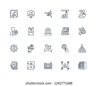 Office building, Multitask, Chess clock, Profiles, Contract, Interview, Onboarding, Dialogue, Appearance, Curriculum vitae, Hurry outline vector icons from 20 set