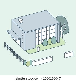 office building. Open gate and large grounds
