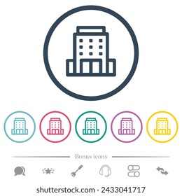 Office building outline flat color icons in round outlines. 6 bonus icons included.