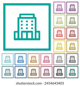 Office building outline flat color icons with quadrant frames on white background