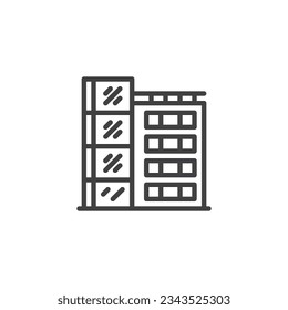 Office building with parking line icon. linear style sign for mobile concept and web design. Modern office building outline vector icon. Symbol, logo illustration. Vector graphics