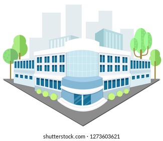 Office building in perspective view. Modern business center with green trees and skyscrapers on background. Vector illustration.