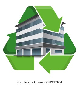 Office building with recycling symbol. Isolated vector illustration. Recycling concept. 