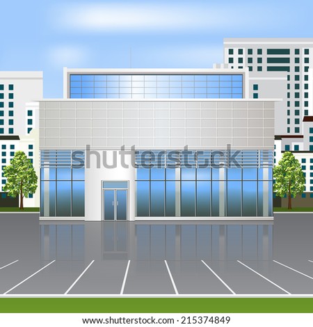 office building with reflection and parking on the street background