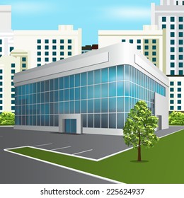 office building with reflection and tree on the street background