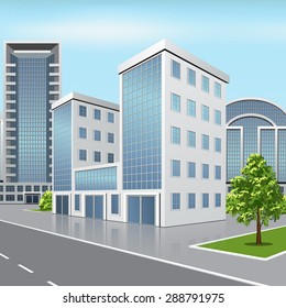 office building with reflection and tree on the street background