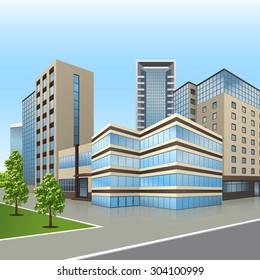 office building with reflection and tree on the street background