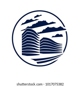Office building round shape icon or logo, modern architecture vector illustration. Real estate realty business center design. 3D futuristic facade in big city.