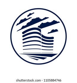 Office building round shape icon or logo, modern architecture vector illustration. Real estate realty business center design. 3D futuristic facade in big city.