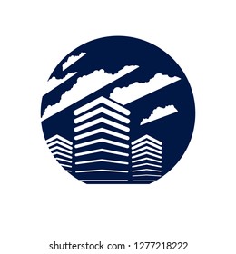 Office building round shape icon or logo, modern architecture vector illustration. Real estate realty business center design. 3D futuristic facade in big city.