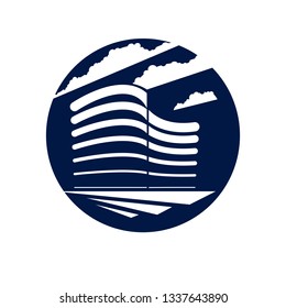 Office building round shape icon or logo, modern architecture vector illustration. Real estate realty business center design. 3D futuristic facade in big city.