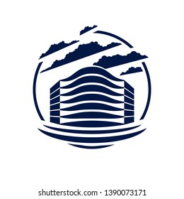 Office building round shape icon or logo, modern architecture vector illustration. Real estate realty business center design. 3D futuristic facade in big city.