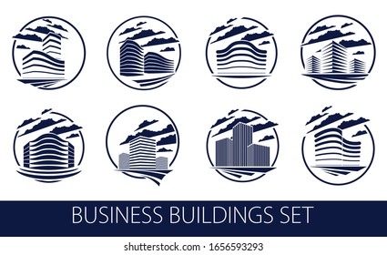 Bürogebäude rund um Form Symbole oder Logos Set, moderne Architektur Vektorgrafiken Sammlung. Designs von Business Center für Immobilien. 3D futuristische Fassaden in der Großstadt.