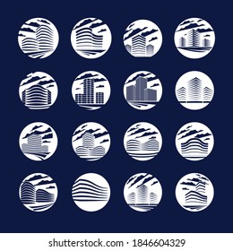 Conjunto de logotipos o iconos de forma redondeados de Office, colección de ilustraciones vectoriales de arquitectura moderna. Diseño de un centro de negocios inmobiliario. Fachadas futuristas 3D sobre negro.