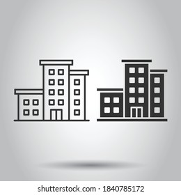 Office building sign icon in flat style. Apartment vector illustration on isolated background. Architecture business concept.