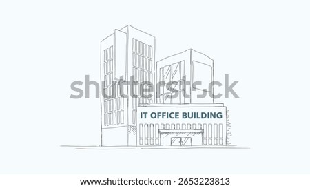 IT office building sketch vector illustration. Modern architectural line art of a business workplace. Perfect for company, corporate, technology, real estate, web, app, and presentations design.