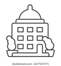 Office building thin line icon, finance career concept. Vector graphics. Job center house with entrance and plants sign on white background, outline style icon for mobile or web design