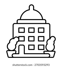 Ícone de linha fina de edifício de escritório, conceito de carreira financeira. Gráficos vetoriais. Casa de centro de emprego com entrada e plantas assinar no fundo branco, ícone de estilo de contorno para design móvel ou web