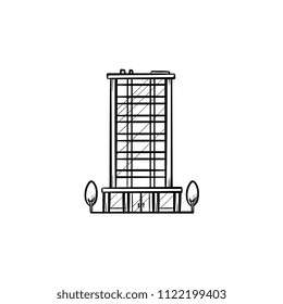 Construcción de oficinas con árboles dibujados a mano, símbolo de doodle. Concepto de inmueble de negocios y arquitectura urbana. Ilustración vectorial para impresión, web, móvil e infografía sobre fondo blanco.