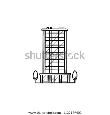 Office building with trees hand drawn outline doodle icon. Business real estate and urban architecture concept. Vector sketch illustration for print, web, mobile and infographics on white background.