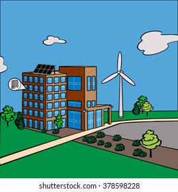 Office building using green technologies as it's power source like solar pannels & wind turbines surrounded with trees & large park areas