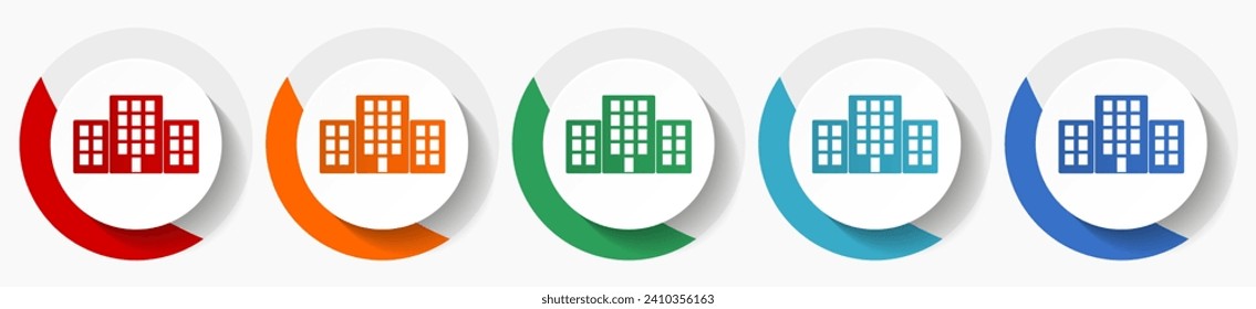 Office building vector icon set, flat icons for logo design, webdesign and mobile applications, colorful round buttons