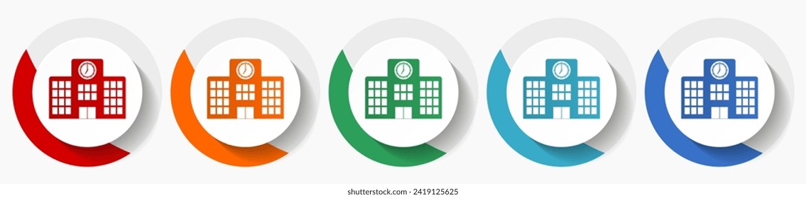 Office building vector icon set, flat icons for logo design, webdesign and mobile applications, colorful round buttons
