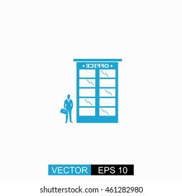 Office building vector. Isolated blue icon on white background.