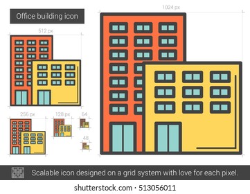 Bürogebäude, Vektorsymbol einzeln auf weißem Hintergrund. Bürogebäudeleitbild für Infografik, Website oder App. Skalierbares Symbol, das auf einem Gittersystem entworfen wurde.