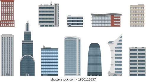 Office Building Vector Set In Flat Style. Business, Commercial, Corporate Workplace Buildings. Isolated From Background.