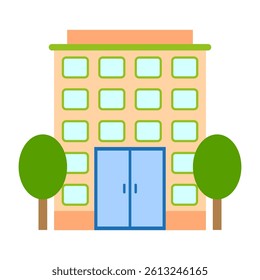 Office building vector. Window grid facade. Front door shape. Two green trees.